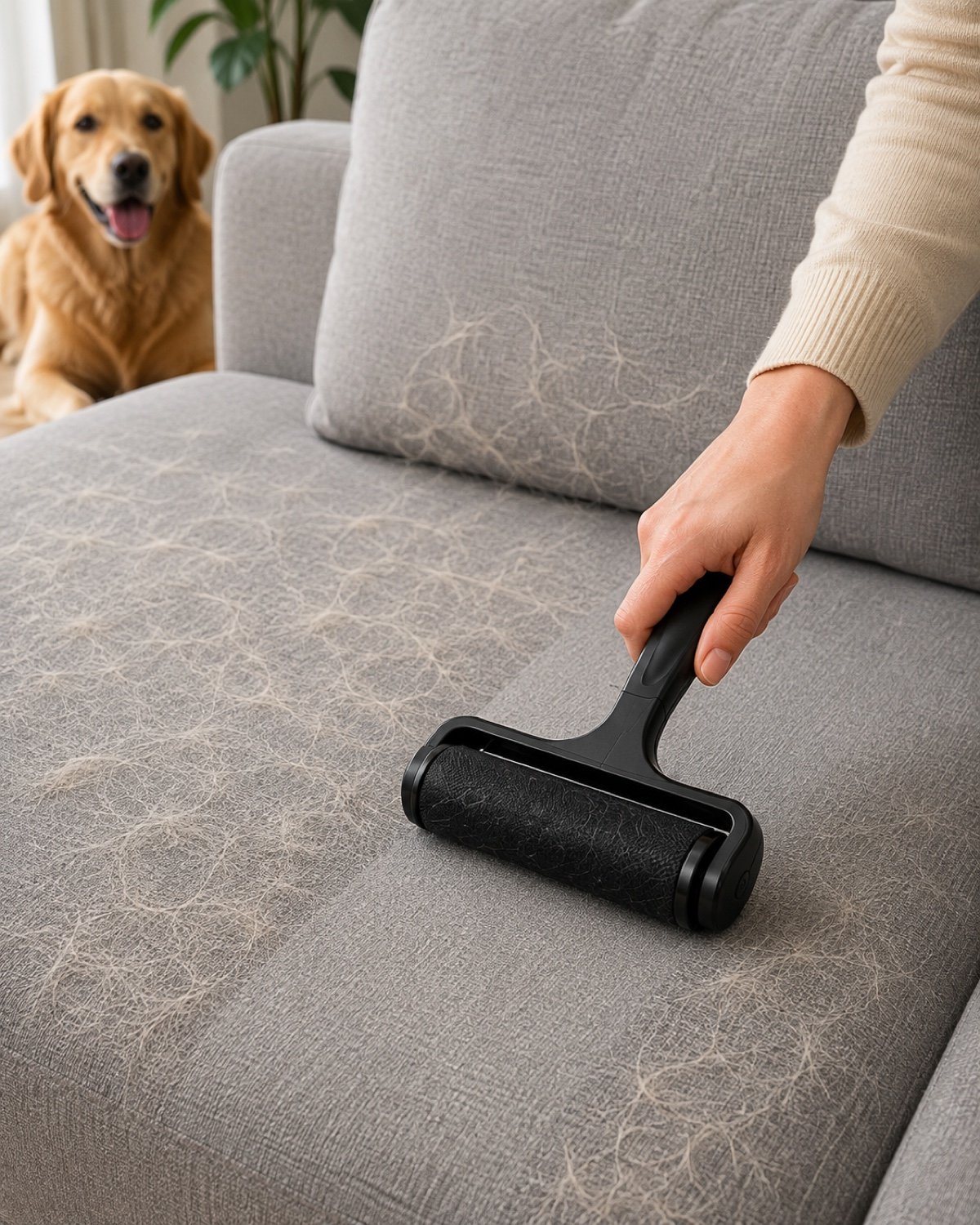 Reusable pet hair remover being rolled across a sofa covered in dog hair