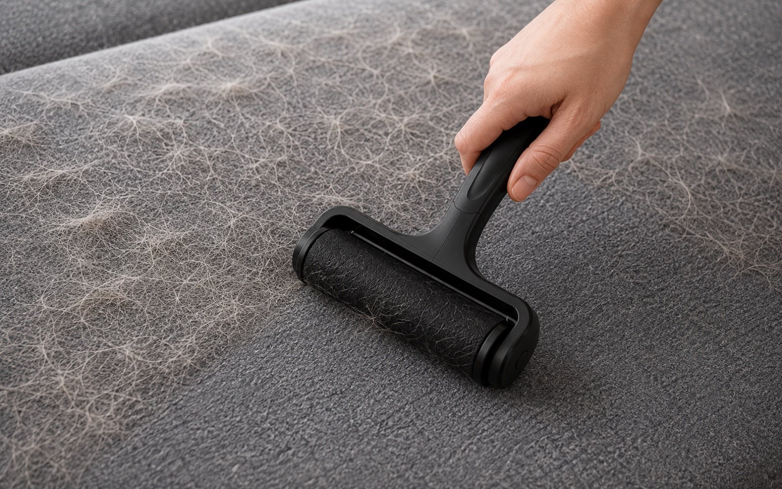 Hand rolling the pet hair remover across a hair-covered sofa, collecting hair on the roller