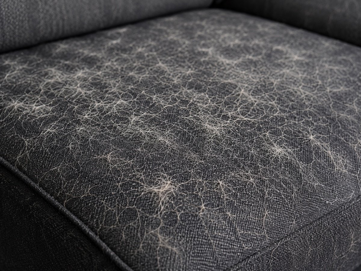 Sofa cushion before cleaning, covered in pet hair