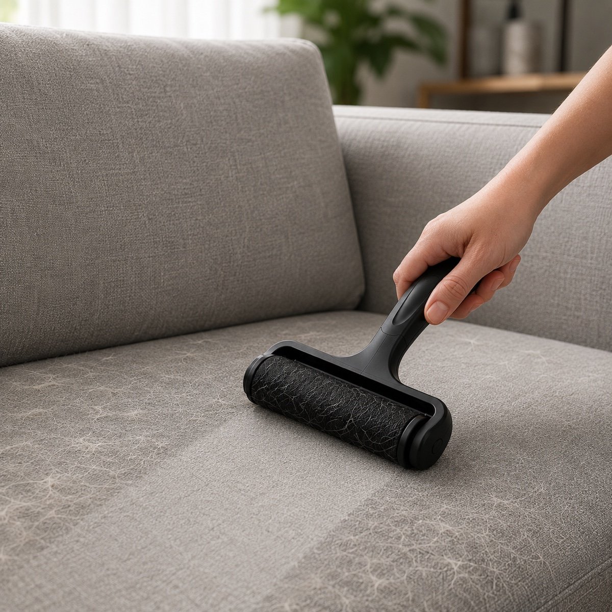 Using the pet hair remover on a sofa