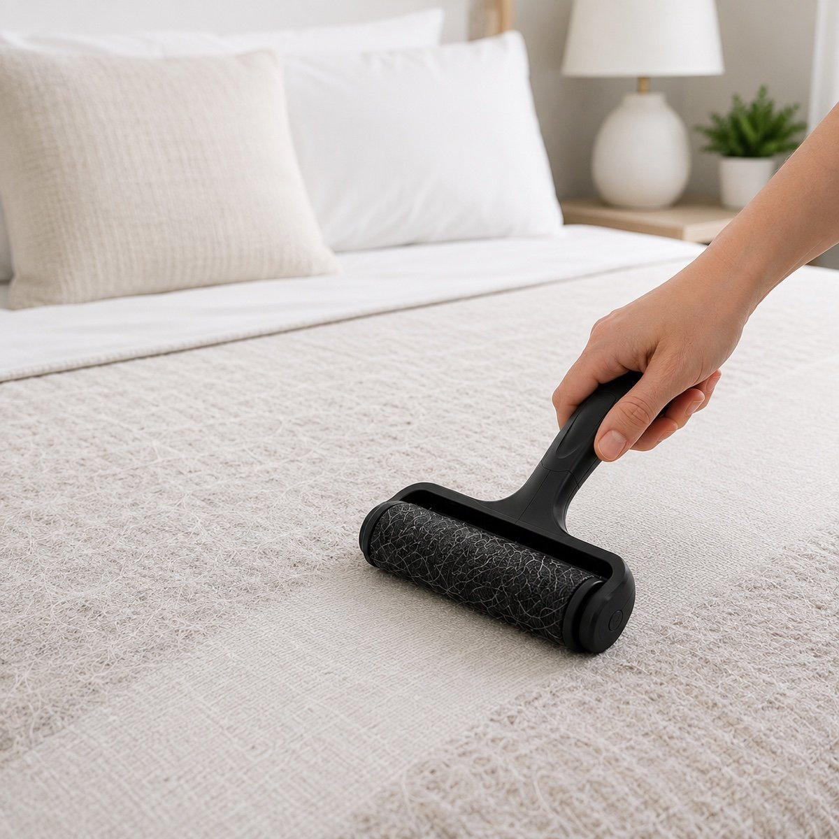 Using the pet hair remover on a bed