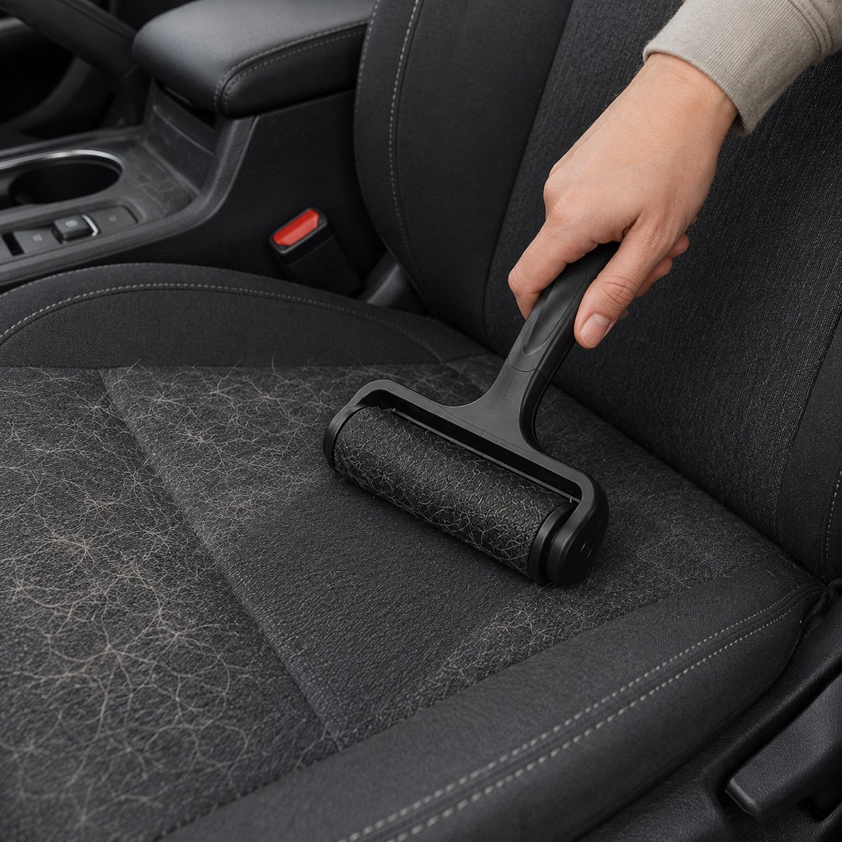 Using the pet hair remover on a car seat