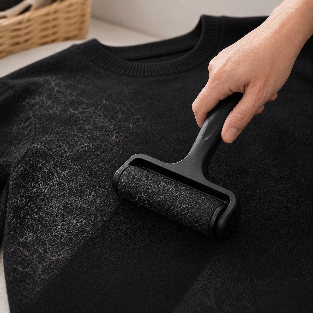 Using the pet hair remover on a sweater